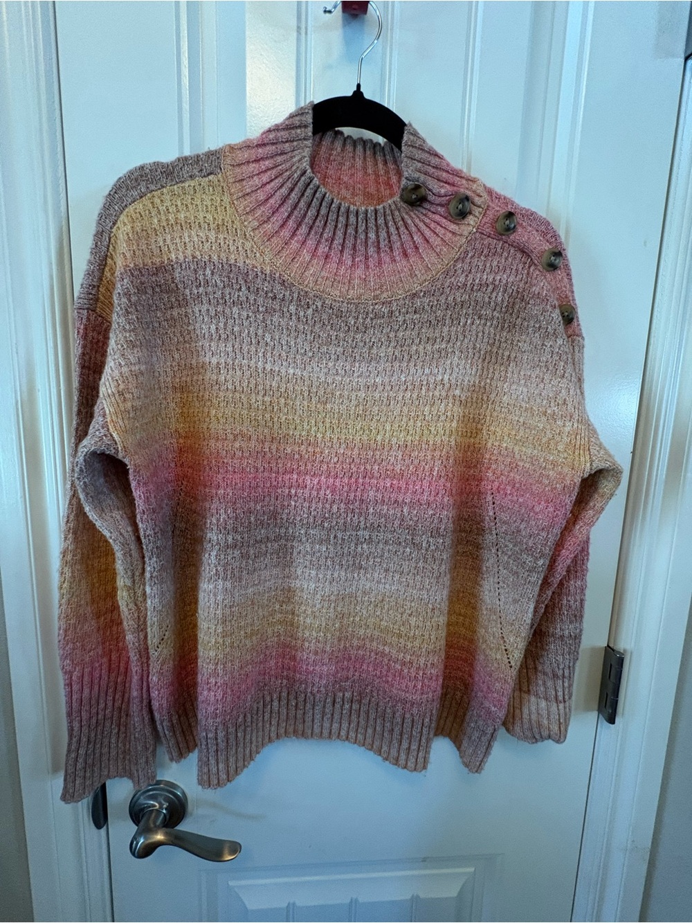 Talbots Pastel Striped Button-Shoulder Turtleneck Sweater - Pink, Yellow, Cream
